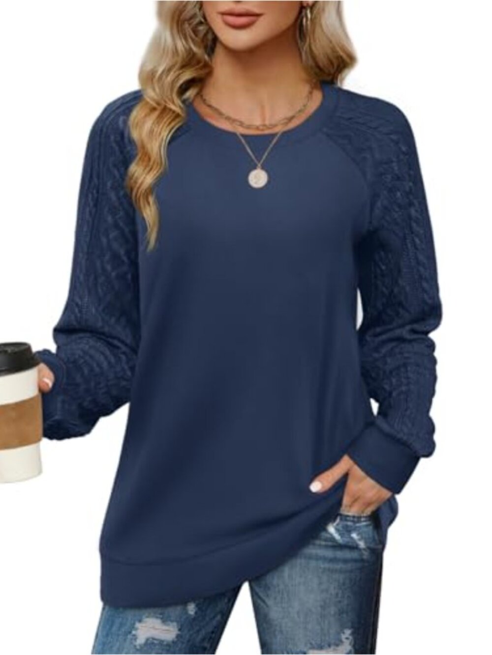 Women's Cable Knit Sleeve Crewneck Sweatshirt Fall Pullover